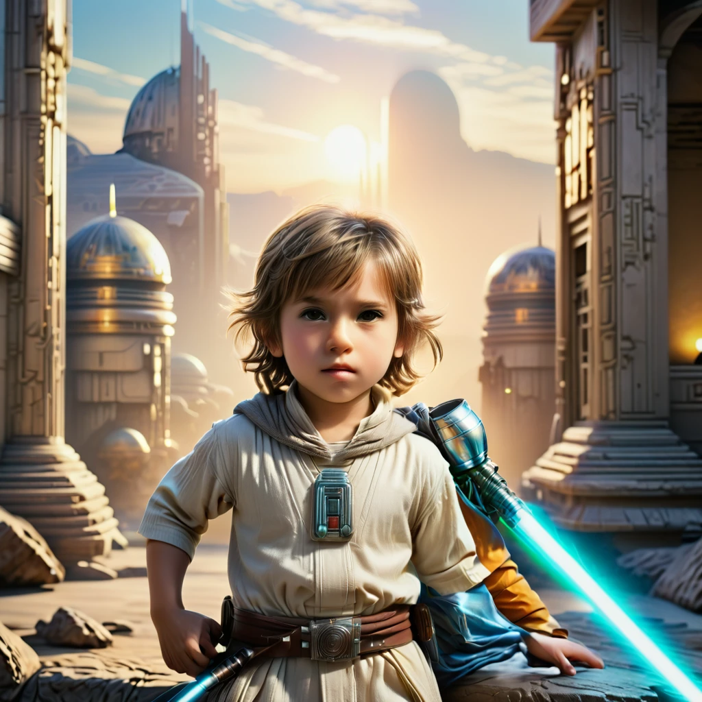 A young Jedi Padawan, 6 years old BOY,  dark blond very short SHORT SHORT SHORT flat Hair not covering ears, haare etwas nach oben gestylt mit gel, deep browns eyes, calm but domintating cool face, detailed total perspective on the roof of the Jedi Temple, sunny day, beautiful detailed brown eyes, beautiful detailed lips, extremely detailed face, longeyelashes, holding a brigth blue lightsaber in one Hand and using the force fo lifting a heavy rock, action star wars scene, playful, joyful expression, colorful party decorations, 3D render, masterpiece, (best quality,4k,8k,highres,masterpiece:1.2),ultra-detailed,(realistic,photorealistic,photo-realistic:1.37),vibrant colors, dramatic lighting,cinematic composition,studio lighting, there is ONLY one ligth saber in the scene.