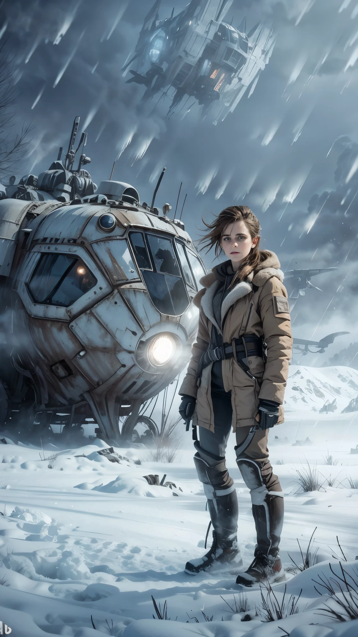 (Emma watson, detailed, 8k, photorealistic, cinematic lighting, dramatic lighting, full body shot), (apocalyptic,snowy winter landscape), (beautiful young woman, 23 years old, gorgeous european features,cleavage, short messy brown hair, intense gaze, elegant pose), (giant futuristic spacecraft,high-tech shuttle,cold icy environment),