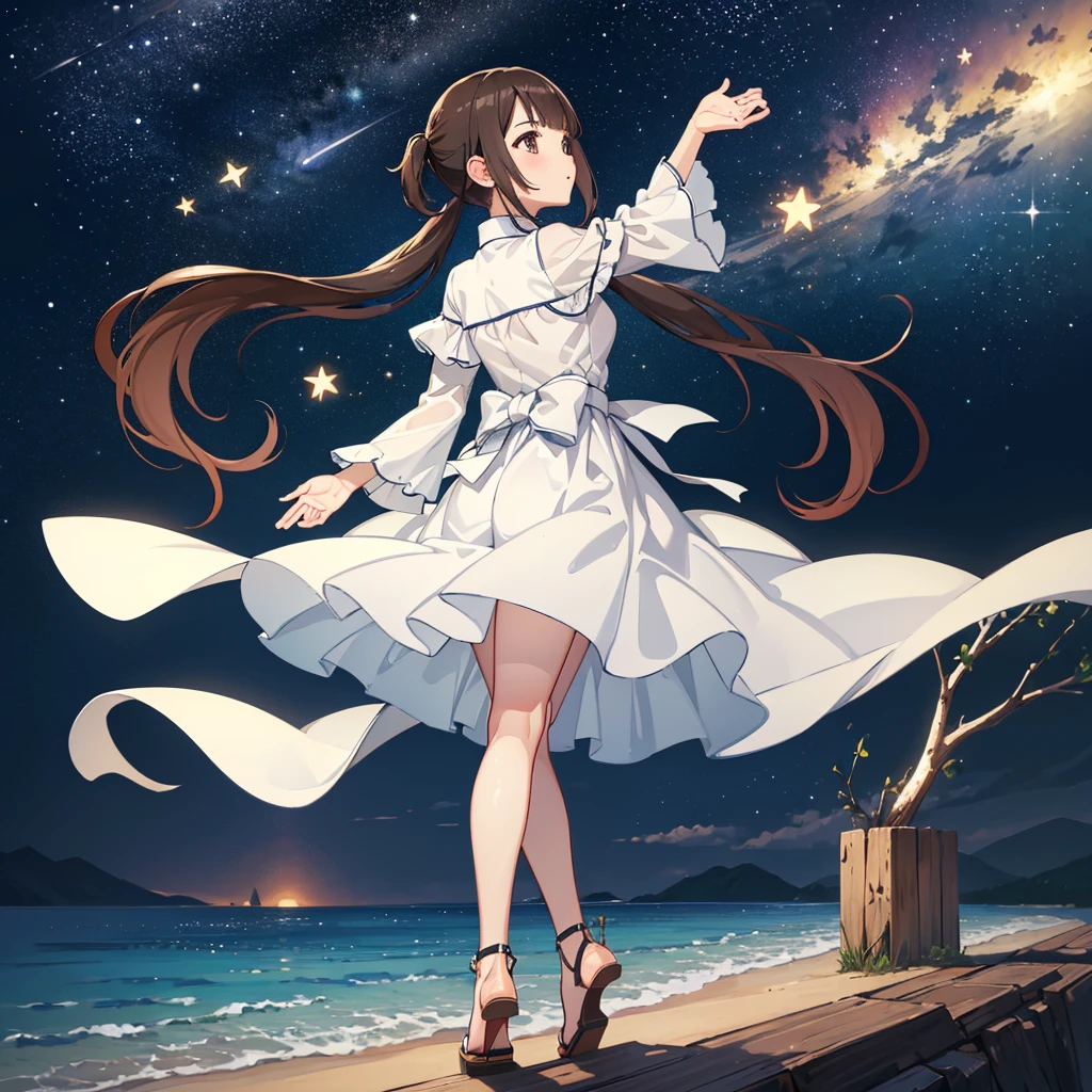 ((Highest quality,masterpiece))8k,Ultra-high resolution,Ultra-high resolution,Super detailed),Looking up at the stars on the beach at night, Okitasawa, 長いlow twintails,White dress,Back view,Sandals