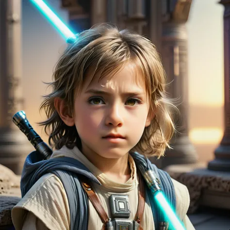 a young jedi padawan, 6 years old boy,  dark blond very short short short short flat hair not covering ears, haare etwas nach ob...