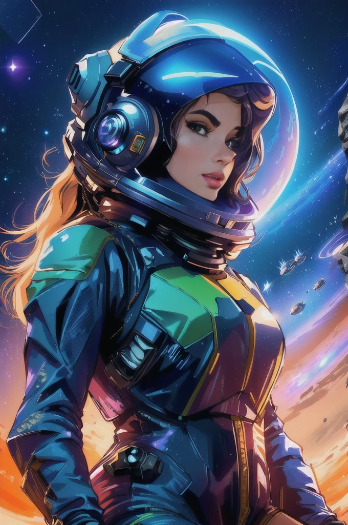 a woman in a space suit standing in front of a planet, girl in space, beautiful woman in spacesuit, portrait armored astronaut girl, scifi woman, futuristic astronaut, woman astronaut, portrait anime space cadet girl, artgerm jsc, art deco of a space woman, beautiful digital artwork, powerful woman sitting in space, portrait beautiful sci - fi girl