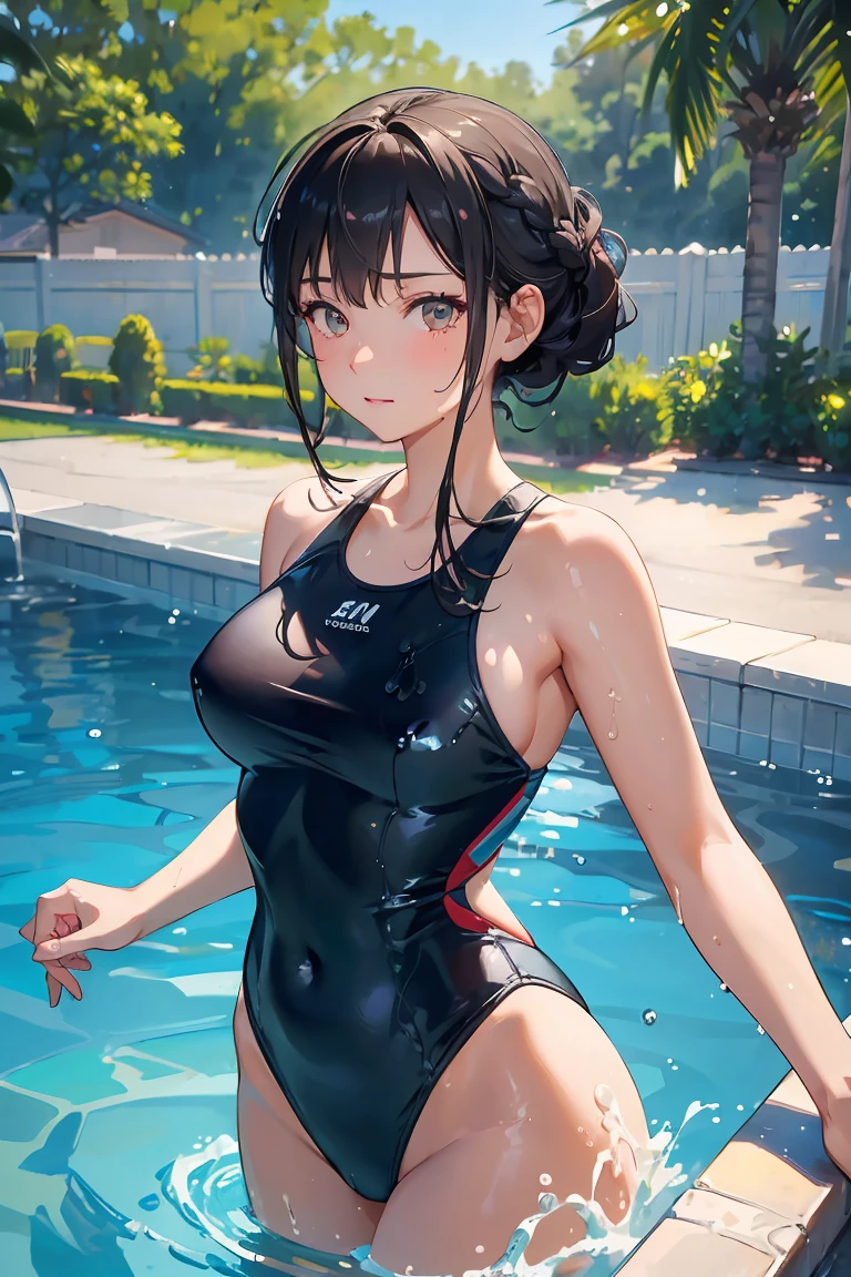 dark hair, braided ponytail, Impressionism, ray tracing, backlighting, masterpiece, accurate, textured skin, high details, high quality, highres, super detail, 1080P, detailed face, detailed eyes, detailed 5 fingers, Woman swimming in pool, one-piece swimsuit, Splashing water, outdoors, sunny midsummer, cowboy shot