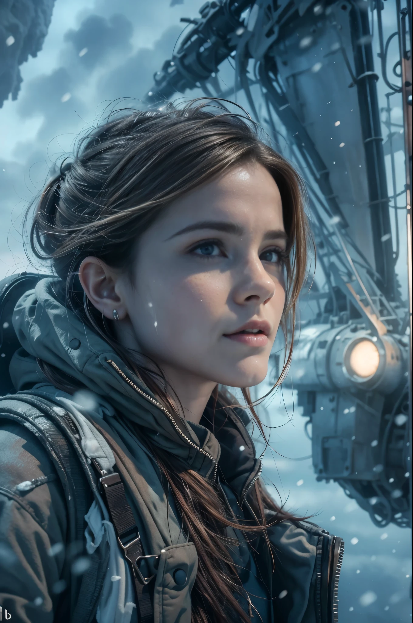 (Emma watson, detailed, 8k, photorealistic, cinematic lighting, dramatic lighting, half body shot), (apocalyptic,snowy winter landscape), (beautiful young woman, 23 years old, gorgeous european features,cleavage, short messy brown hair, intense gaze, elegant pose), (giant futuristic spacecraft,high-tech shuttle,cold icy environment),