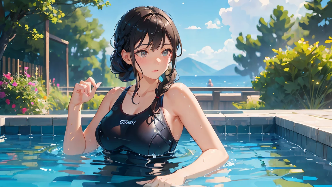 dark hair, braided ponytail, Impressionism, ray tracing, backlighting, masterpiece, accurate, textured skin, high details, high quality, highres, super detail, 1080P, detailed face, detailed eyes, detailed 5 fingers, Woman swimming in pool, one-piece swimsuit, Splashing water, outdoors, sunny midsummer, cowboy shot