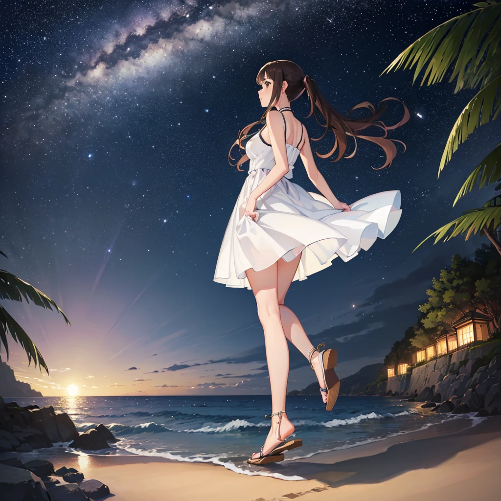 ((Highest quality,masterpiece))8k,Ultra-high resolution,Ultra-high resolution,Super detailed),Looking up at the stars on the beach at night, Okitasawa, 長いlow ponytails,White dress,Back view,Sandals