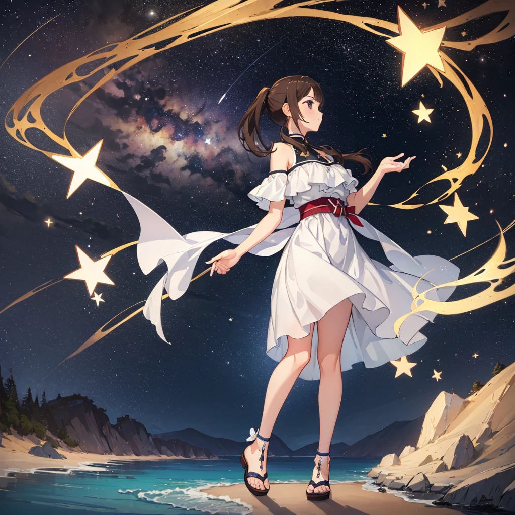 ((Highest quality,masterpiece))8k,Ultra-high resolution,Ultra-high resolution,Super detailed),Looking up at the stars on the beach at night, Okitasawa, 長いlow ponytails,White dress,Back view,Sandals