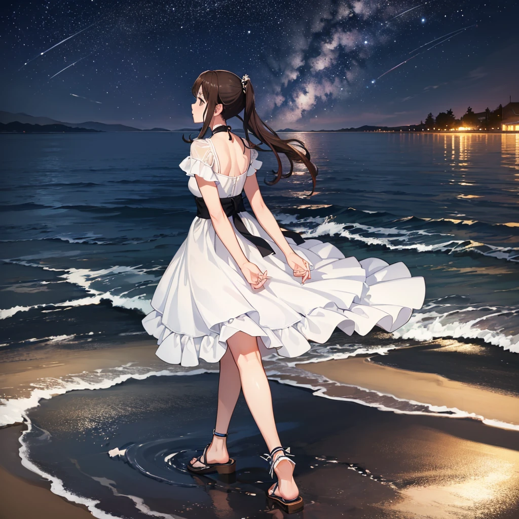 ((Highest quality,masterpiece))8k,Ultra-high resolution,Ultra-high resolution,Super detailed),Looking up at the stars on the beach at night, Okitasawa, 長いlow ponytails,White dress,Back view,Sandals