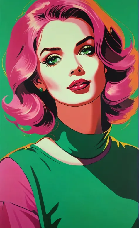 painting of a woman with pink hair and green eyes., fantasy pop art, pop art painting, a pop art painting, martin then artwork p...