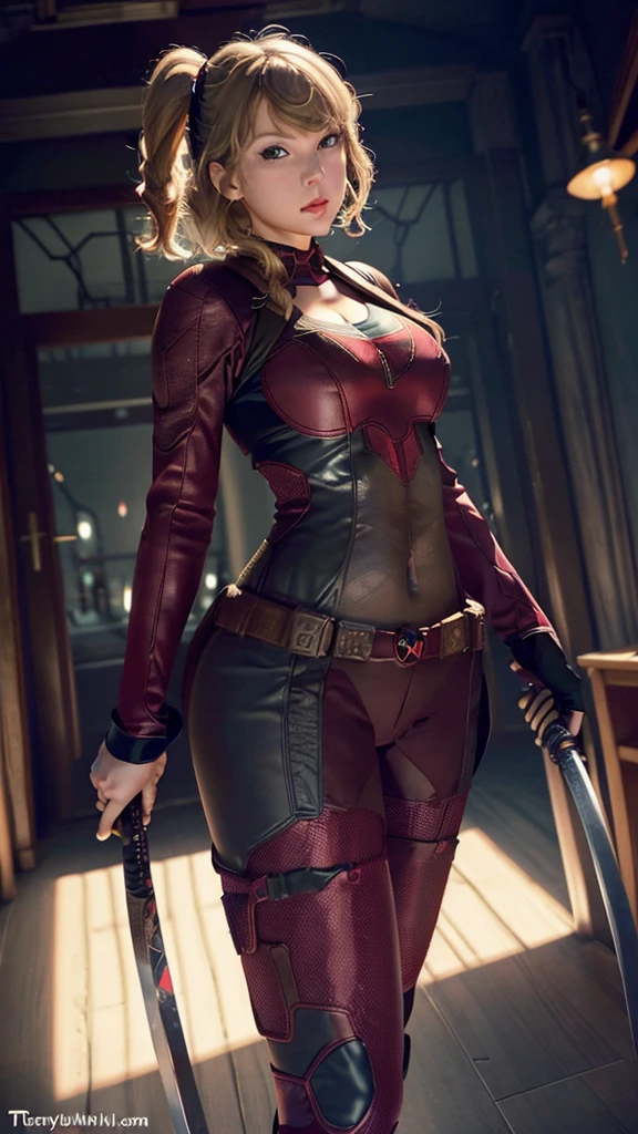 beautiful (Taylor Swift) in a closed Deadpool suit, 8k, (no cleavage), (body skinny), (huge boobies), lateral view ((very curvaceous body)),holding a katana