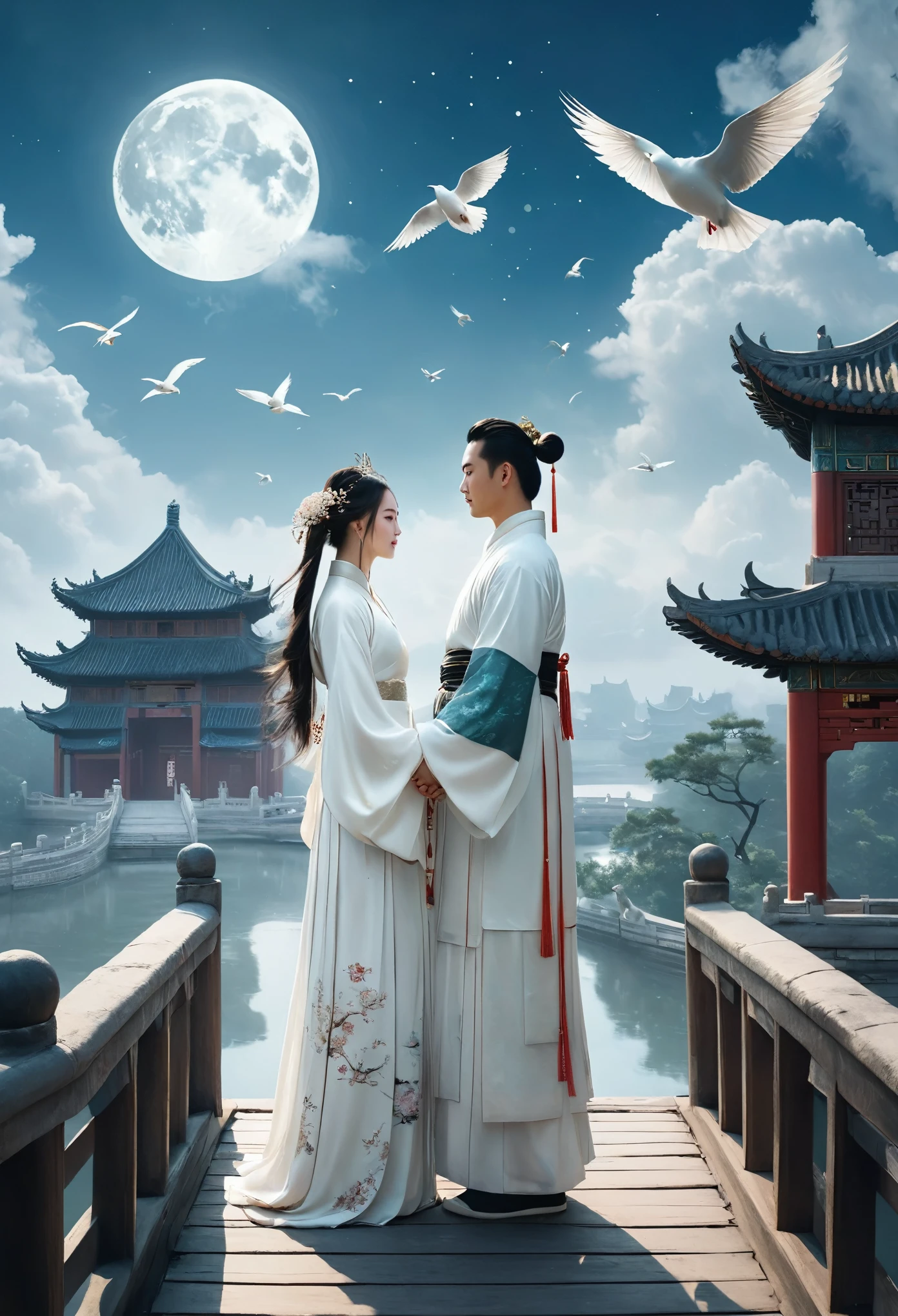 /I At night, the round moon hangs in the sky. In Chinese mythology, the Cowherd and Weaver Girl, a boy wearing Hanfu and a girl wearing white Hanfu and a gorgeous headdress, face to face, holding hands tightly together. The two of them stand on a bridge made up of many pigeons in the sky, surrounded by white clouds. In the distance, there are ancient Chinese towers, like palaces in the sky,Full Length Shot,full body shot, highly detailed,photography,beautiful cinematic lighting --stylize 950 --v 6.1

