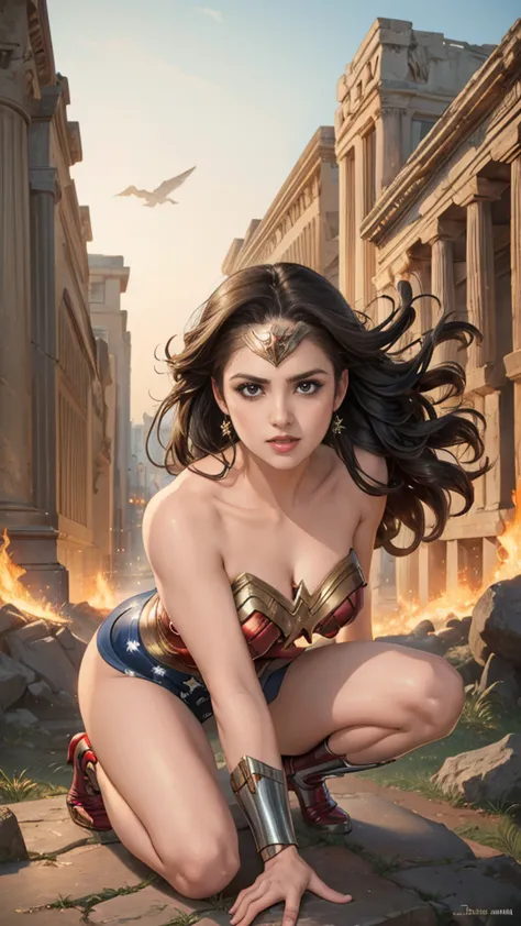 art image of (laura marano:1.2) as wonder woman, busty, beautiful, black hair, large breasts, ancient athens background, by loui...