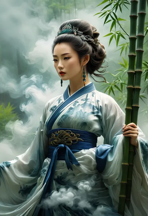 /i h entry screen, a woman in hanfu stands among the bamboo groves, an epic fantasy scene with dark clouds in the sky and smoke ...