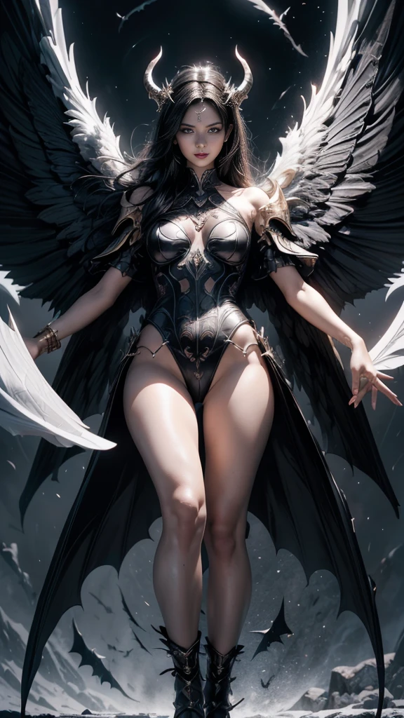 emphasis on wings, wings on shoulder, Angel wings and devil wings, white wings and black wings, (Realistic picture, highest resolution, 16ก), (A demon god with wide wings and enormous power on his shoulders..., Twelve wings on the shoulders., black bat wings:1.3 white angel wings:1.5), 6 angel wings, 6 devil wings, (Beautiful girl with two meter long hair, shiny black hairงาม, Smooth white skin, Lips are very red.), ((stand, already)), (big breasts, หัวBig tits), (gigantic breast, breast augmentation, Breast 400 cc., small waist, hips raised, small thighs, Long legs), (dynamic poses), (Armor that slightly conceals the body), Separate theme, (Angel wings and devil wings), floating in the air above the groundดิน, background darkness, Embraced with twelve wings, The horns that grow from the head are like a crown., He who has light, wears little armor, There is power coming out of the body., sparkling wings, white light black light, amazing wings, beautiful gesture, 8K resolution, Resolution 4000 x 2250 pixels, beautiful gesture, Angel wings and devil wings, (Realistic picture, highest resolution, 16K), (A demon god with wide wings and enormous power on his shoulders.., Twelve wings on the shoulders., black bat wings:1.3 white angel wings:1.5), Angel wings and devil wings, white wings and black wings,, Have wings 100 Have wings 1000, Angel wings and bat wings, wings inserted between wings, 12 wings, 6 angel wings, 6 bat wings, Angel wings and devil wings, white wings and black wings,, (Beautiful girl with two meter long hair, shiny black hair, Smooth white skin, Lips are very red.), very long hair, ((stand, toe)), (big breastsโต, หัวBig tits), (gigantic breast, small waist, hips raised, small thighs, Long legs), (dynamic poses), (black and white leotard, There are beautiful patterns., Decorated with gold embroidery., Show off your chest), Separate theme, (Angel Wings and Demon Lord Wings), floating in the air above the ground, background darkness, Embraced with twelve wings, He is white and black., A rainbow glow on the back of the head, The most busty breasts, Big tits, universe backdrop, dynamic gesture, Drive the skin, Smooth white skin, (The wings are in layers, alternating with white, alternating with black. The wings are alternating with layers of white, alternating with layers of black, and alternating again.), gold pattern set