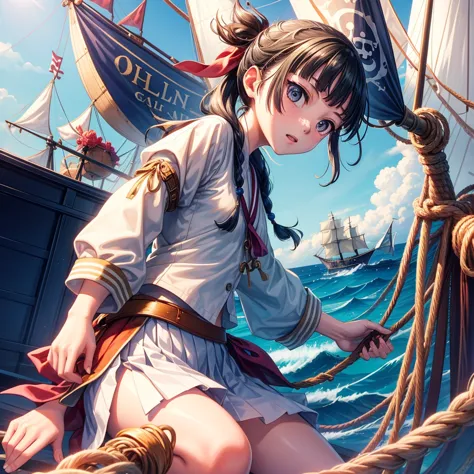 one girl（８age）, pirate, highest quality、cinema lighting、sailor suit、long skirt、 sailboat（galleon）on the mast、white panties,