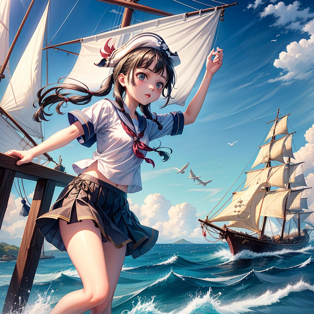 One Girl（８age）, pirate, Highest quality、Cinema Lighting、Sailor suit、Long skirt、 sailboat（Galleon）On the mast、White panties,