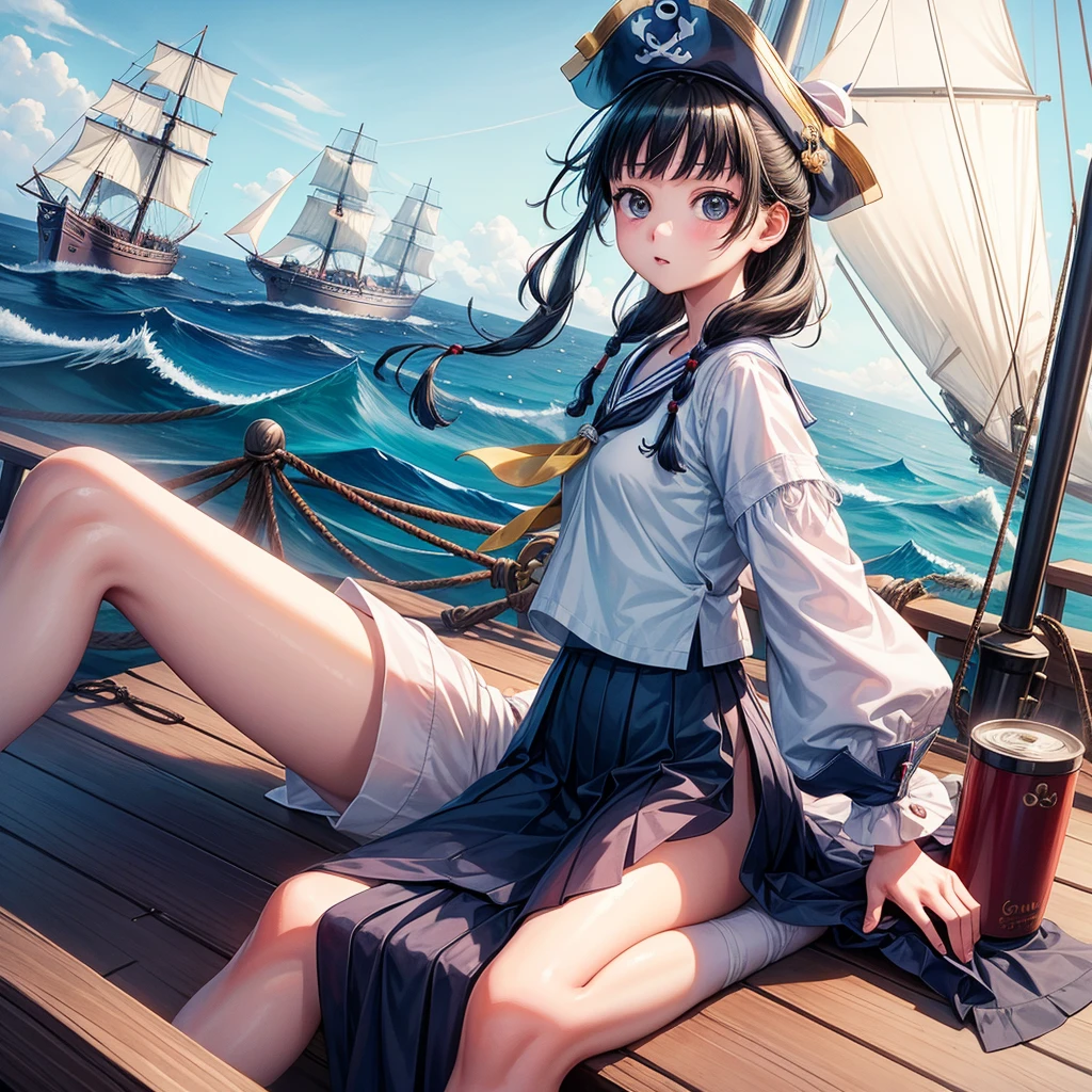 One Girl（８age）, pirate, Highest quality、Cinema Lighting、Sailor suit、Long skirt、 sailboat（Galleon）On the mast、White panties,