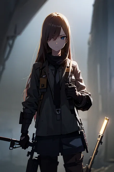 holding_gun, assault_rifle, very detailed, brown hair, anime style, whole body, alone, stylish gunfighter girl, holding a steamp...