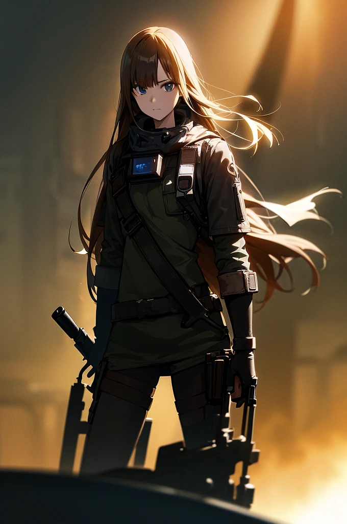 holding_gun, assault_rifle, Very detailed, Brown Hair, Anime Style, whole body, alone, Stylish Gunfighter Girl, Holding a steampunk long barrel pistol,Standing in the wasteland, 8K high resolution, White Background, In the spotlight, The background is a dark and desolate landscape, Horror movie atmosphere. Her figure is very beautiful, Emphasizing the dark and crazy elements. Skillfully expressing the effects of light and shadow