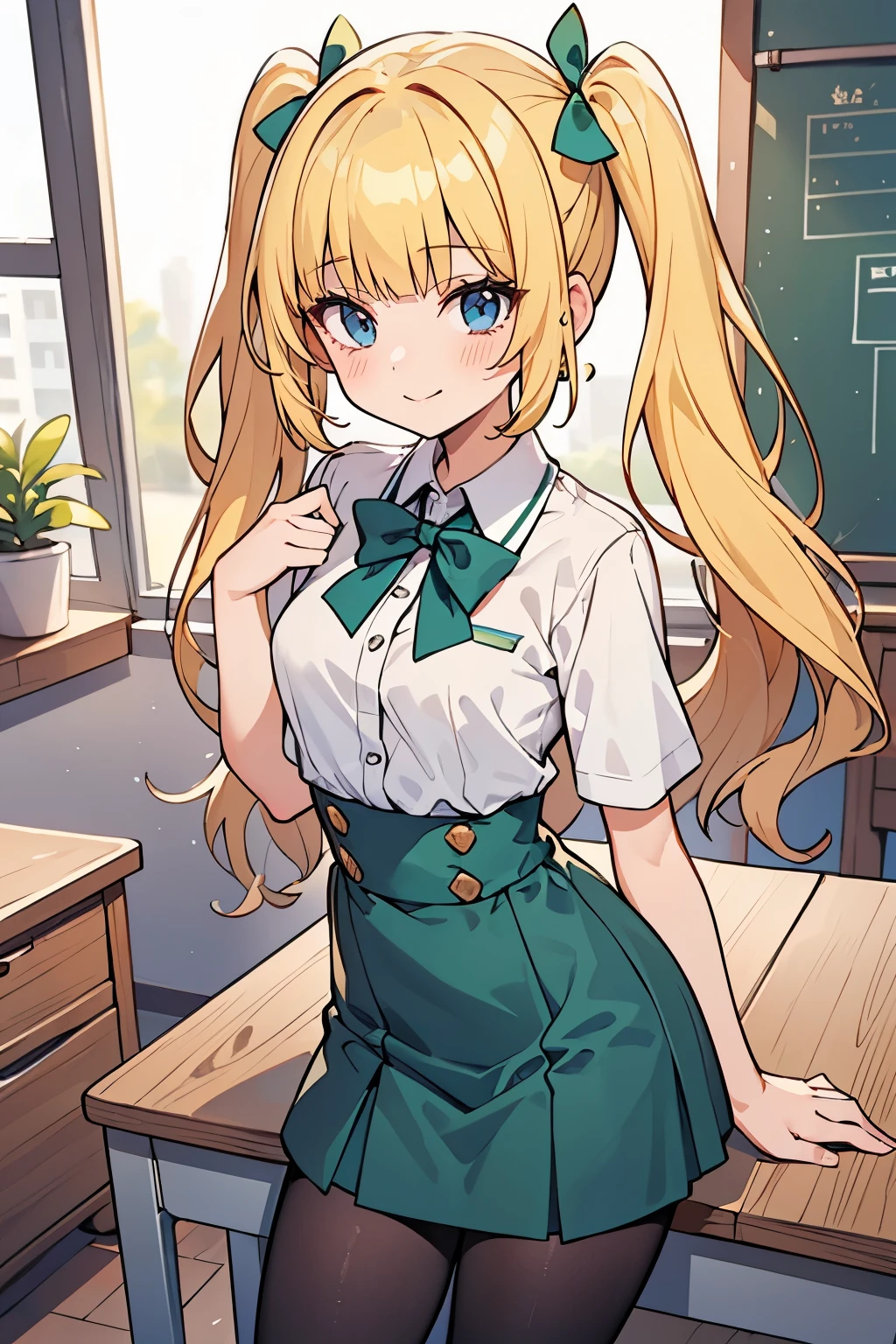 Safe for work, masterpiece, best quality, solo, 1 girl,  cute girl, wholesome girl, (young female body:1.4), ( medium small breasts), cowboy shot, shy smile, flustered, yellow hair, voluminous wavy hair, extra long hair, hime cut, very blunt bangs, light blue eyes, office room, desk, green school uniform, short dark green skirt, white tigh high tights, summer school uniform, green waist high skirt, pigtails, 