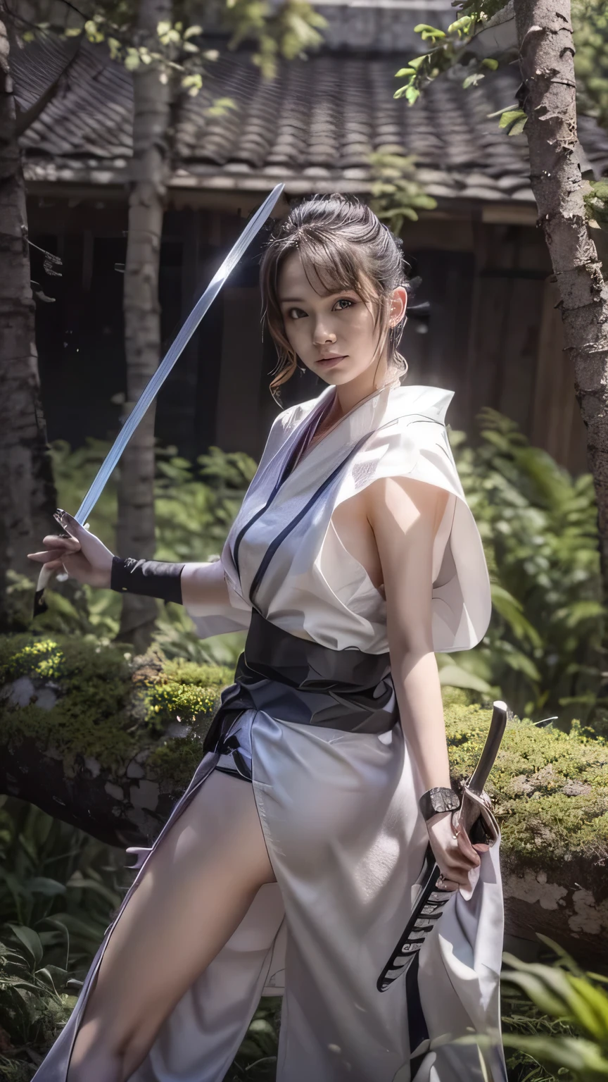 (was:1.3、((A female ninja looking back with a weapon in the forest:1.5)、With background)、(Female ninja with a sword:1.5))、(Realistic、Like a photograph、Live Action、8k, Realistic, RAW Photos, Best image quality: 1.4), Single-lens reflex camera、RAW Photos, Highest quality, Realistic, Highly detailed CG Unity 8k wallpaper, Written boundary depth, Cinematic Light, Lens flare, Ray Tracing, Realistic background、(kunoichi:1.4、White floral kimono:1.3、(p-line:1.1、Panty lines are visible:1.1)、Fishnet tights)、Grey Hair、short hair、Short Ponytail、((Ultra-Dense Skin))、 1 girl,Cute Kunoichi、(whole body:1.5)、I like that style、Pay attention to the details、Perfect outfit、(White skin)、Accurate Arm、Accurate feet、Beautiful legs、Precise thighs、Anatomically correct body、View from behind