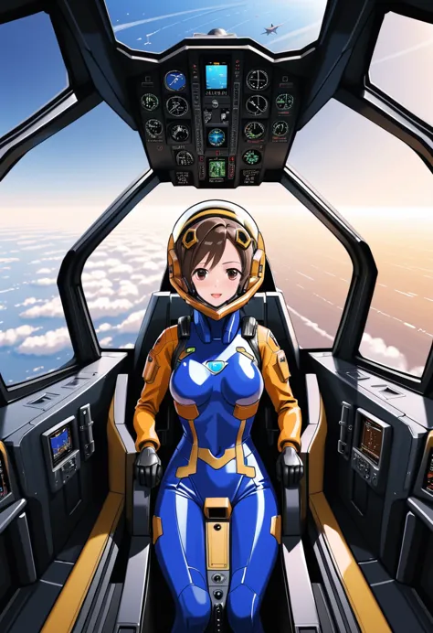 ((female pilot in the cockpit of a reconnaissance plane), (airplane cockpit), (in flight), (10000 feet altitude)、(sky view):1.7)...