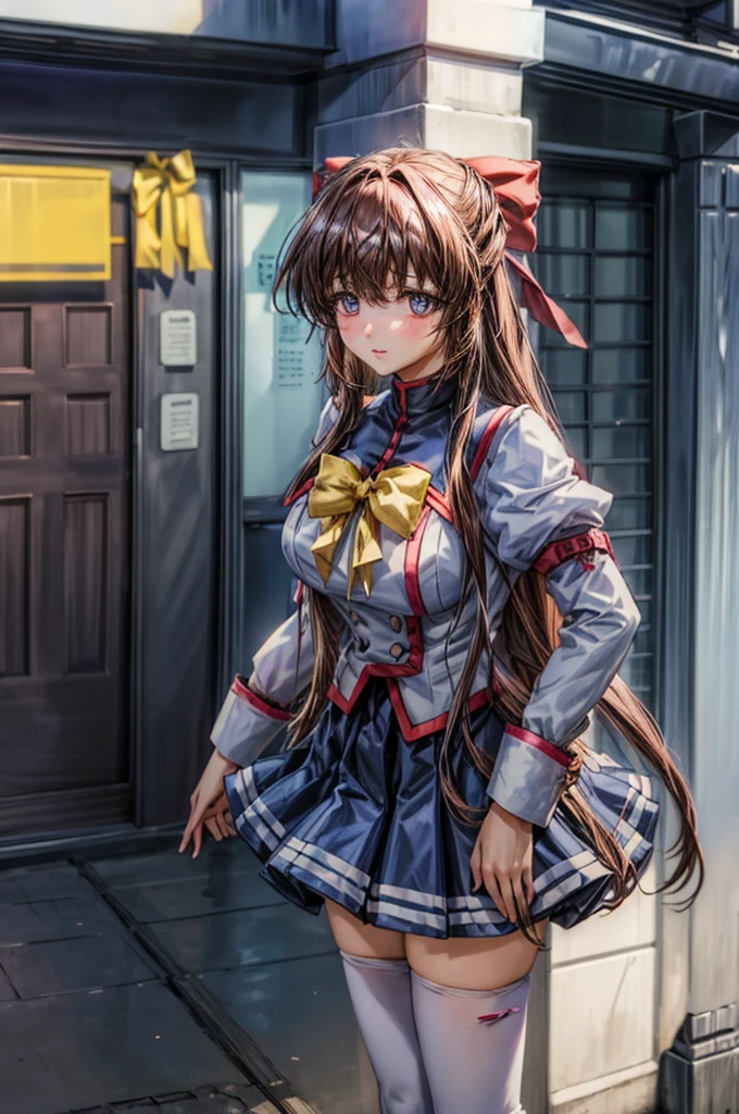 aoikan, hair bow, school uniform, long sleeves, bowtie, blue skirt, white thighhighs, She is standing at a suburban Japanese street, there is a big black man behind him