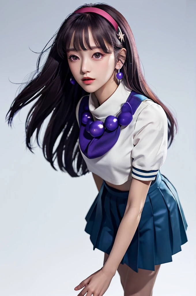 masterpiece, best quality, high resolution, Yes 1, , Long hair, scarf, Long hair, necklace, earrings, Sailor Suit, Uniforms, Crop Top, White socks, , Pleated Skirt, Large target , Fluffy short sleeves, White sleeves, White wristband, whole body, Oyama Background, , Cross your legs, View below，Standing