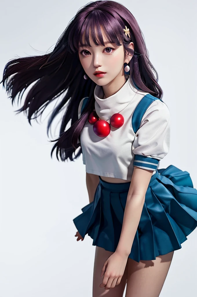 masterpiece, best quality, high resolution, Yes 1, , Long hair, scarf, Long hair, necklace, earrings, Sailor Suit, Uniforms, Crop Top, White socks, , Pleated Skirt, Large target , Fluffy short sleeves, White sleeves, White wristband, whole body, Oyama Background, , Cross your legs, View below，Standing