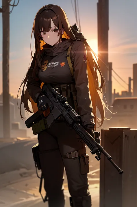 holding_gun, assault_rifle, very detailed, brown hair, long hair, anime style, whole body, alone, stylish gunfighter girl, holdi...