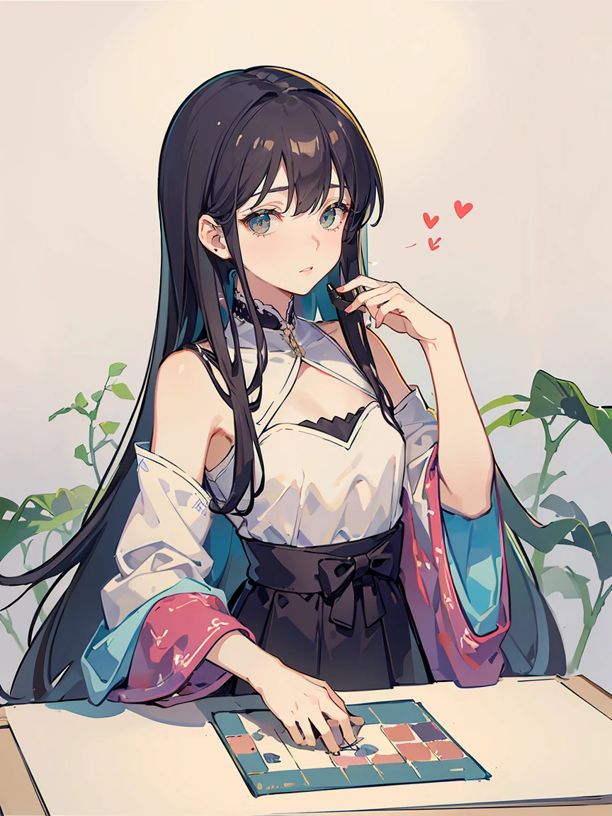 girl，Black Hair，Cold，High and cold，Lovely，beautiful，Upper Body，Long straight black hair，Blue bandeau dress，Poker face，Three-quarters of the side of the face，Standing，sideways，Purple Eyes，Furumi-san，8k，Correct human body，Detailed eye painting，illustration，Highest quality，Exquisite，Detailed face，Masterpiece，flat chest，Slim，young，16 years old，High-end，Hand Painted，Official Fanart, Visual novel, Anime style，Girly Romance, Produced by Anime Painter Studio ，White background