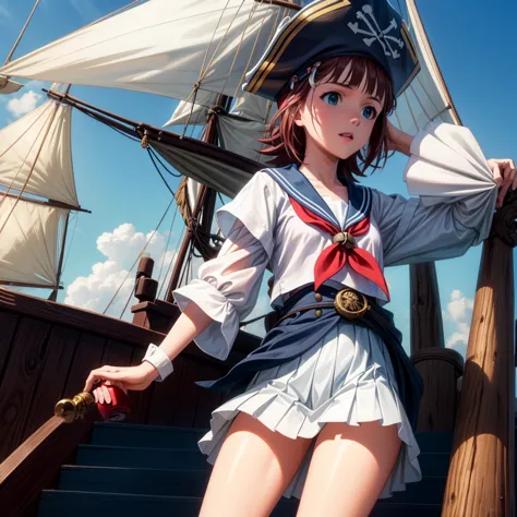 one girl（８age）, pirate, highest quality、cinema lighting、sailor suit、long skirt、 sailboat（galleon）on the mast、white panties,