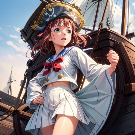 one girl（８age）, pirate, highest quality、cinema lighting、sailor suit、long skirt、 sailboat（galleon）on the mast、white panties,