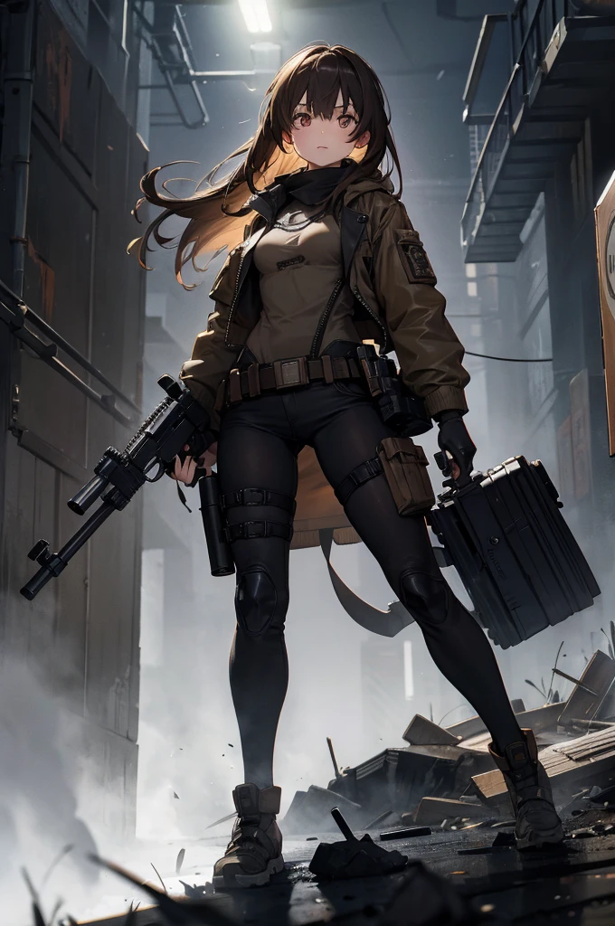 In the spotlight, holding_gun, assault_rifle, Very detailed, Brown Hair, Long Hair, Anime Style, whole body, alone, Stylish Gunfighter Girl, Holding a steampunk long barrel pistol,Standing in the wasteland, 8K high resolution, White Background, The background is a dark and desolate landscape, Horror movie atmosphere. Her figure is very beautiful, Emphasizing the dark and crazy elements. Skillfully expressing the effects of light and shadow, Anime girl with gun and rifle standing in front of a building, from Girls&#39; Frontline, mechanized Soldier Girl, Girls&#39; Frontline style, Girls&#39; Frontline cg, Soldier Girl, The finer details. Girls&#39; Frontline, Infantry Girl, Amazing anime 8k, Girls&#39; Frontline, Girls&#39; Frontline universe, Female host