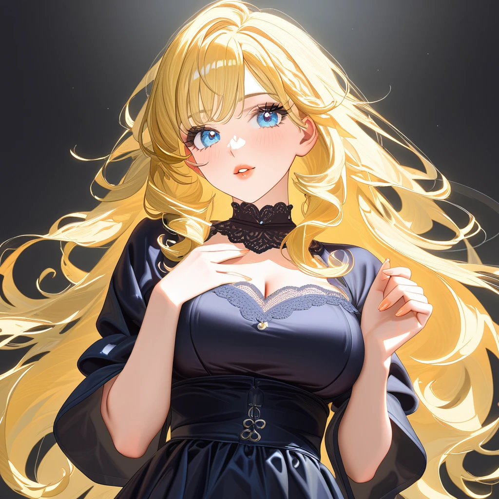 Tall Mature Women With Long blonde curly hair and Dark Blue Eyes , With Long black Eyelashes , Wearing Half sleeve White dress , Half portrait, Big chest , Hyper detailed eyes , hugh resolution, High quality, 4kHd , Masterpiece, pinl Lips 