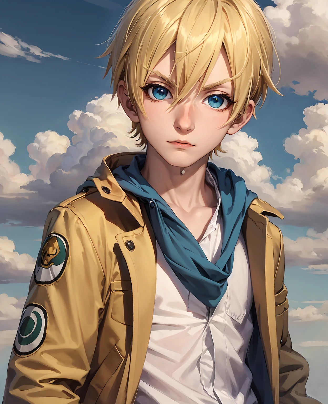 chibinaruto, 1boy, blonde hair, male focus, solo, sky, green eyes, cloud, day, whisker markings, bird, blue sky, male child, jacket, outdoors, upper body, cloudy sky