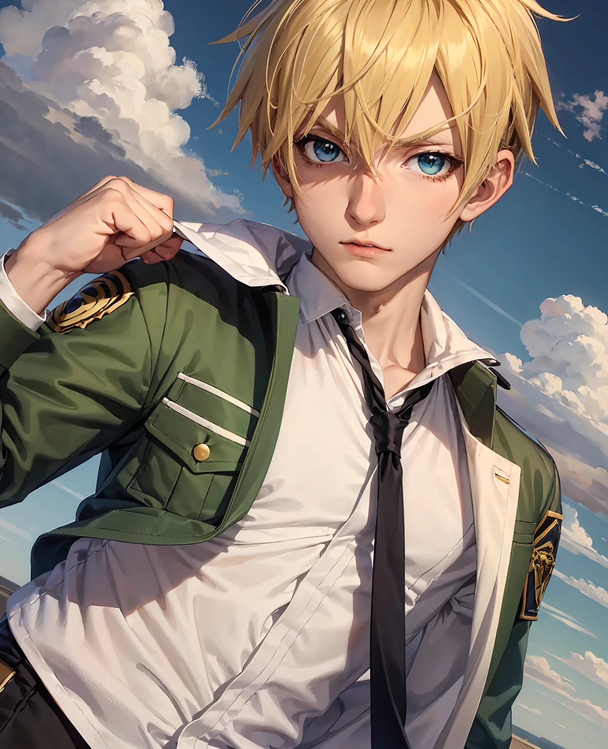 chibinaruto, 1boy, blonde hair, male focus, solo, sky, green eyes, cloud, day, whisker markings, bird, blue sky, male child, jacket, outdoors, upper body, cloudy sky