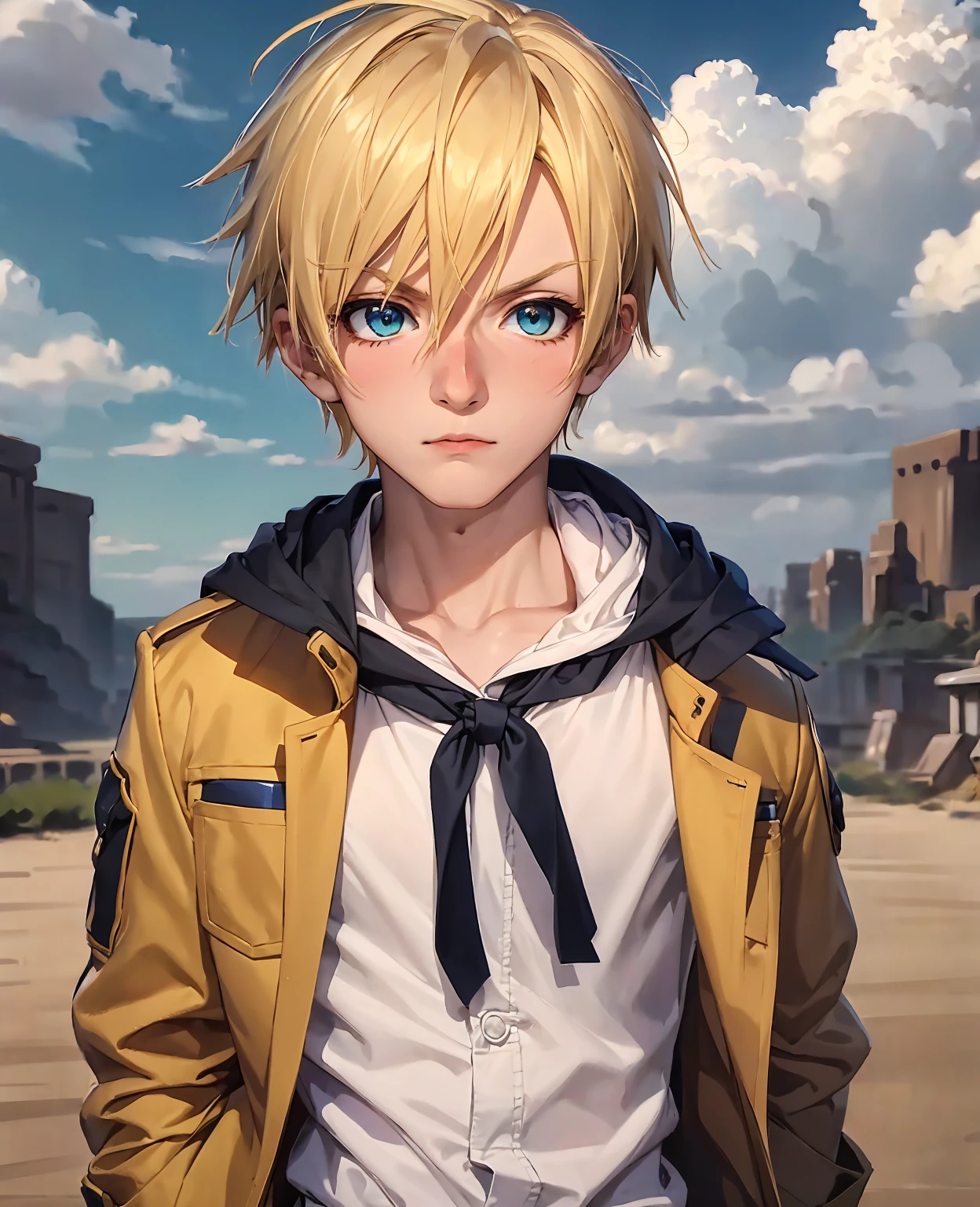 chibinaruto, 1boy, blonde hair, male focus, solo, sky, green eyes, cloud, day, whisker markings, bird, blue sky, male child, jacket, outdoors, upper body, cloudy sky