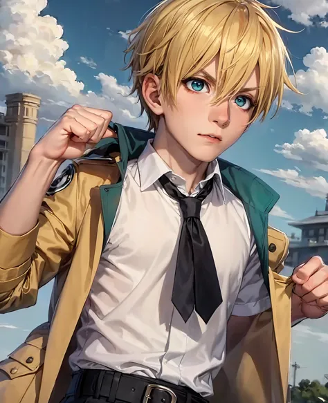 chibinaruto, 1boy, blonde hair, male focus, solo, sky, green eyes, cloud, day, whisker markings, bird, blue sky, male child, jac...