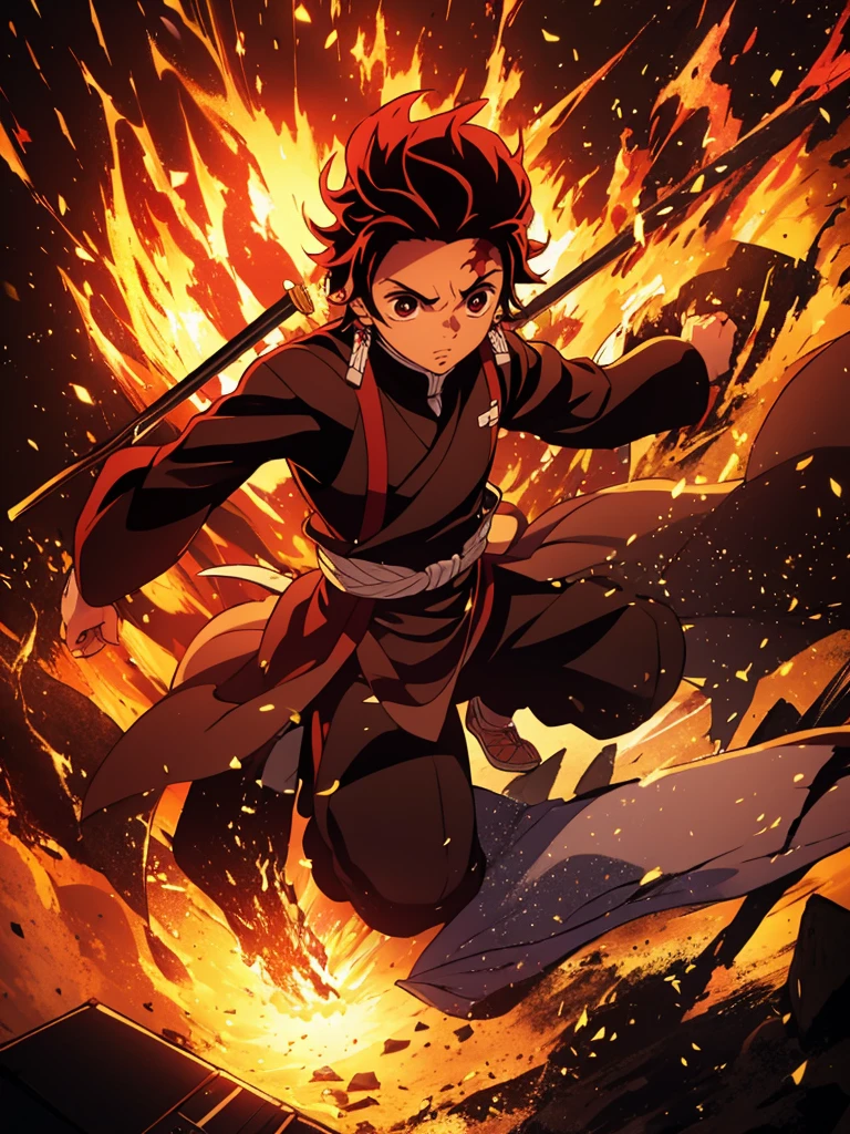 Tanjiro kamado from demon Slayer series, Earings,1 man, holding a fire-wrapped sword, looking up, A wooden box hanging on the back,Zooming out a bit, war expression, ((reaching up)), beautiful lighting, rim lighting, depth of field, burning train in background, red warm tones 