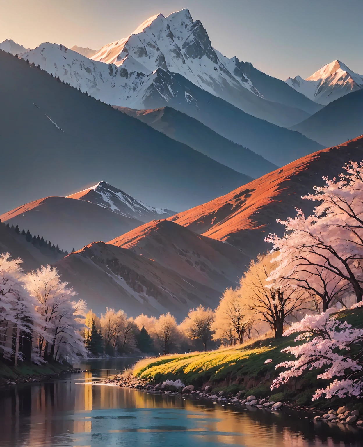 Deep forest, distant mountains, flying birds. Two-dimensional style, bright and vibrant, cherry blossoms cover the mountainside, the sunrise can be seen in the distance, a stream meanders, there are a few daffodils on the bank, the sunrise