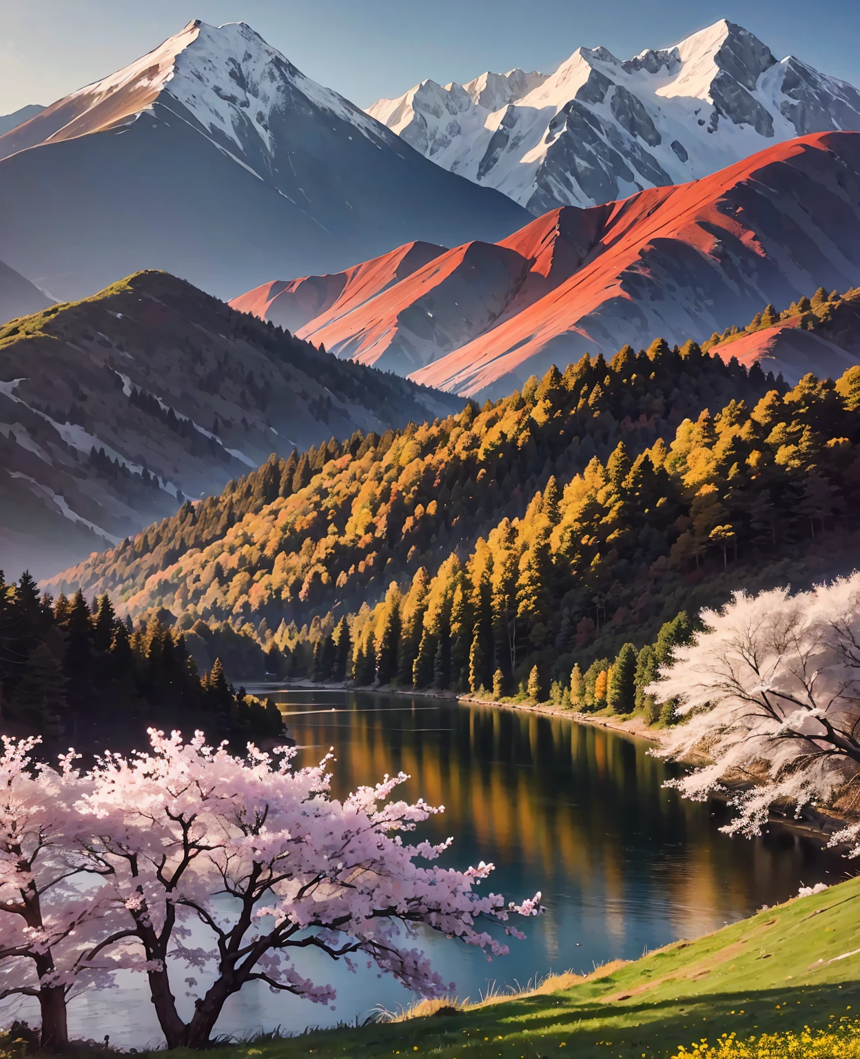 Deep forest, distant mountains, flying birds. Two-dimensional style, bright and vibrant, cherry blossoms cover the mountainside, the sunrise can be seen in the distance, a stream meanders, there are a few daffodils on the bank, the sunrise