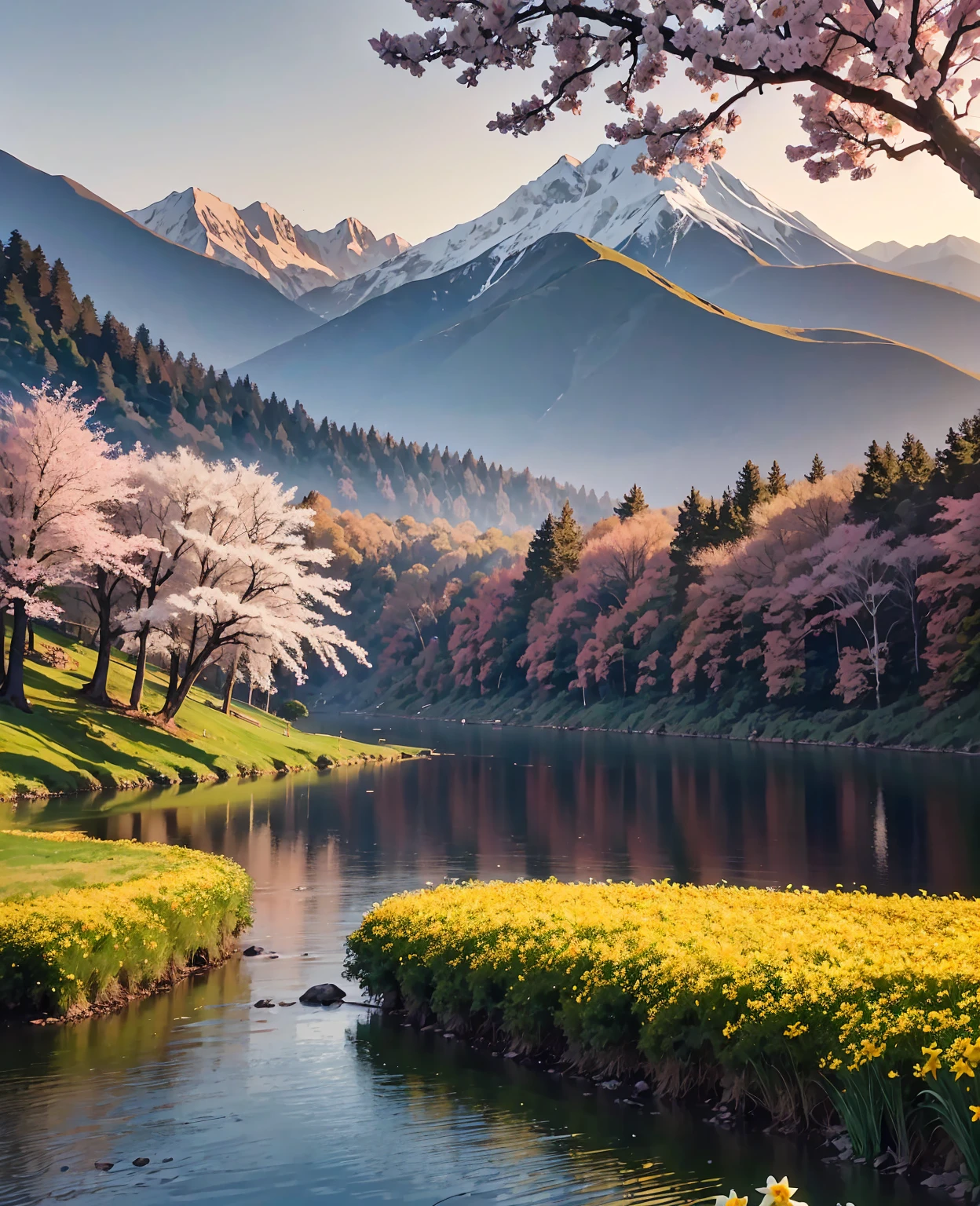 Deep forest, distant mountains, flying birds. Two-dimensional style, bright and vibrant, cherry blossoms cover the mountainside, the sunrise can be seen in the distance, a stream meanders, there are a few daffodils on the bank, the sunrise