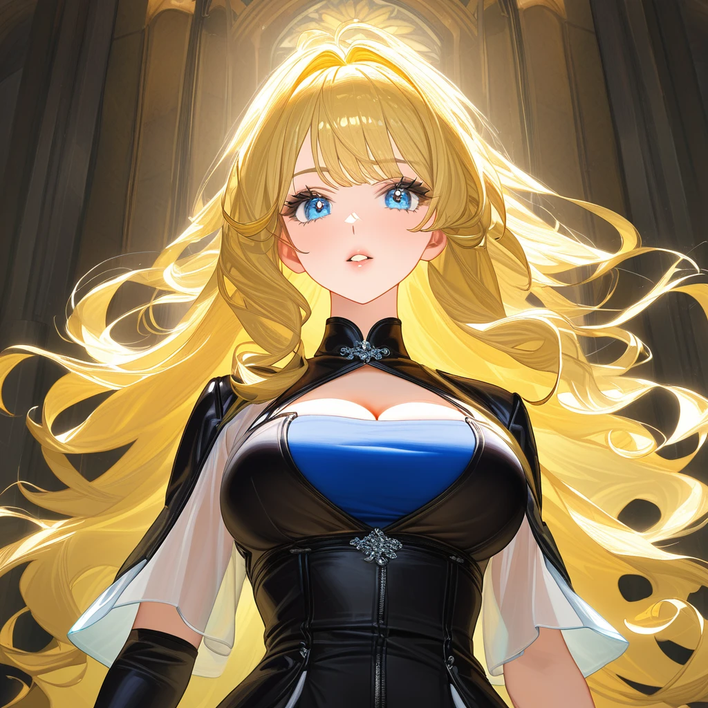 Tall Mature Women With Long blonde curly hair and Dark Blue Eyes , With Long black Eyelashes , Wearing Half sleeve White dress , Half portrait, Big chest , Hyper detailed eyes , hugh resolution, High quality, 4kHd , Masterpiece, Sharp Eyes