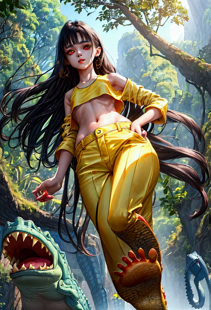 A beautiful brunette girl in her 20's, Her facial features are detailed with small lips and a cute facial expression, courageous look, red eyes no wearing black Crocs on her feet, Her top is a yellow crop-top, revealing her large bulging belly,  The girl is tall, ultra low angle, Mountain and tropic rainforest in the background, ultra-detailed, anime.
 ((The low angle shot emphasizes her height and the drama of the scene)) ((She’s dressed casually but stylishly, with her yellow crop-top making her stand out against the natural setting)), (( The details in her facial features, especially the small lips and unique red eyes, create a chic and captivating look)) ((crocs are visible))