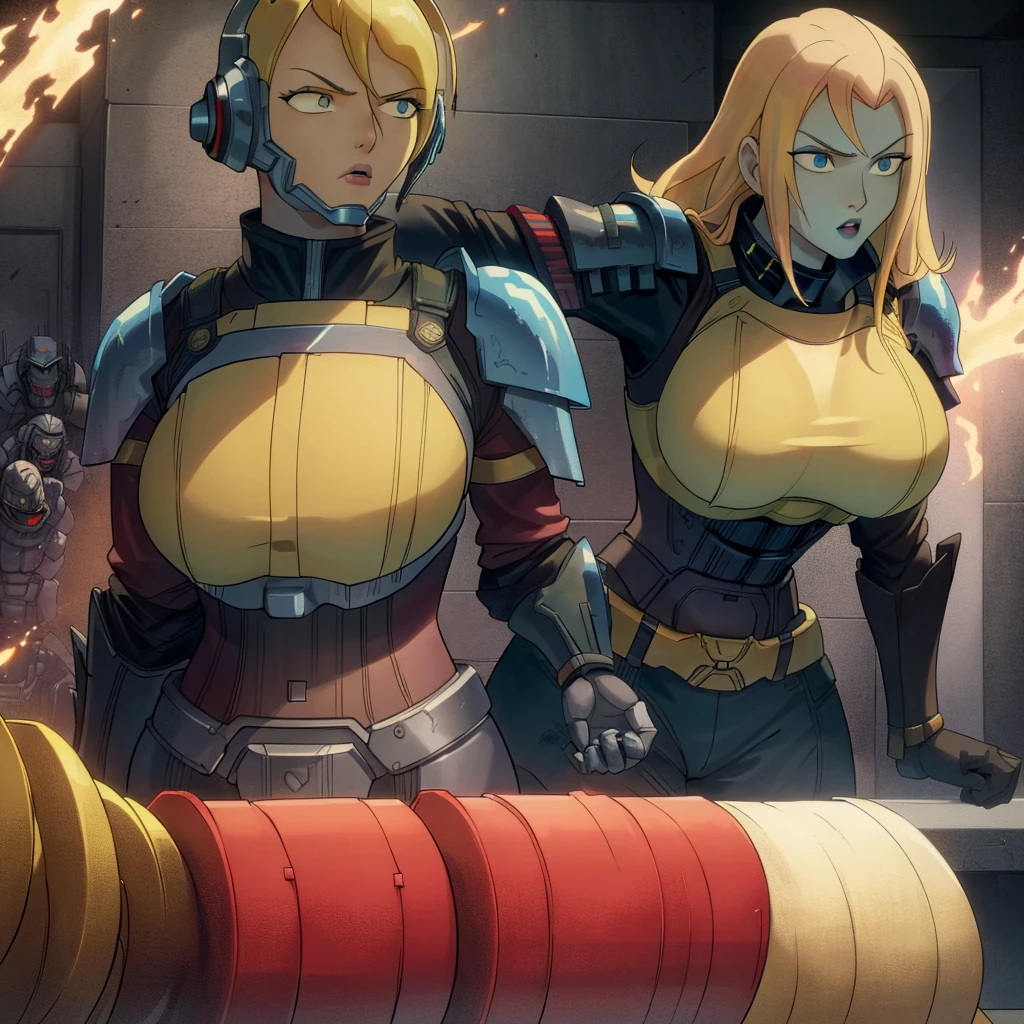 (score_9, score_8_up), score_7_up,  UltraM40k, 1girl, blonde hair, power armor, midriff, pelvic curtain, thighs,