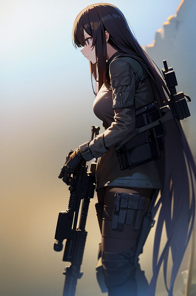 In the spotlight, holding_gun, assault_rifle, Very detailed, Brown Hair, Long Hair, Anime Style, whole body, alone, Stylish Gunfighter Girl, Holding a steampunk long barrel pistol,Standing in the wasteland, 8K high resolution, White Background, The background is a dark and desolate landscape, Horror movie atmosphere. Her figure is very beautiful, Emphasizing the dark and crazy elements. Skillfully expressing the effects of light and shadow, Anime girls with guns and rifles, from Girls&#39; Frontline, mechanized soldier girl, Girls&#39; Frontline style