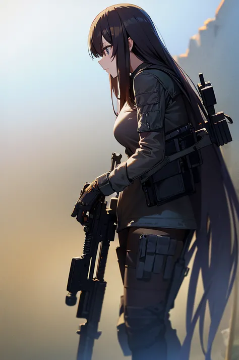 in the spotlight, holding_gun, assault_rifle, very detailed, brown hair, long hair, anime style, whole body, alone, stylish gunf...