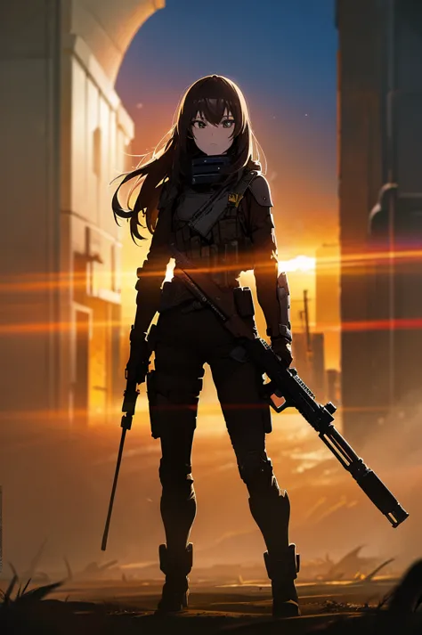 in the spotlight, holding_gun, assault_rifle, very detailed, brown hair, long hair, anime style, whole body, alone, stylish gunf...