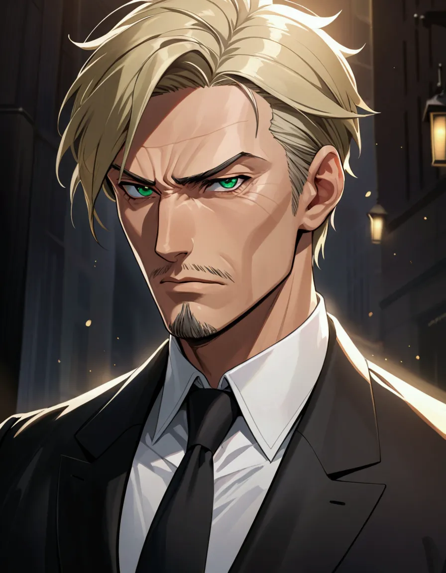 1man, man in black, vigorous mature, business hair with asymmetrical bangs, goatee, green platina blond hair, emerald eyes, brea...