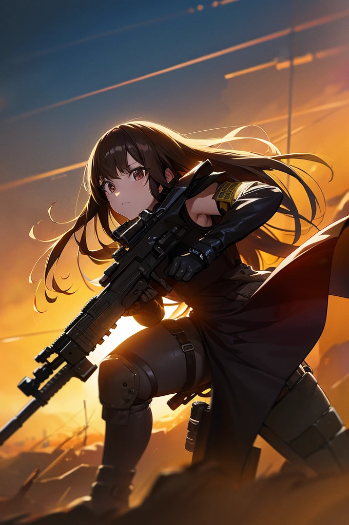 In the spotlight, holding_gun, assault_rifle, Very detailed, Brown Hair, Long Hair, Anime Style, whole body, alone, Stylish Gunfighter Girl, Holding a steampunk long barrel pistol,Standing in the wasteland, 8K high resolution, White Background, The background is a dark and desolate landscape, Horror movie atmosphere. Her figure is very beautiful, Emphasizing the dark and crazy elements. Skillfully expressing the effects of light and shadow, Anime girls with guns and rifles, from Girls&#39; Frontline, mechanized soldier girl, Girls&#39; Frontline style